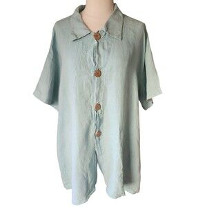 Blue Fish Linen Boho Button Down Shirt Size 4X Lagenlook Vintage 90s Light Blue